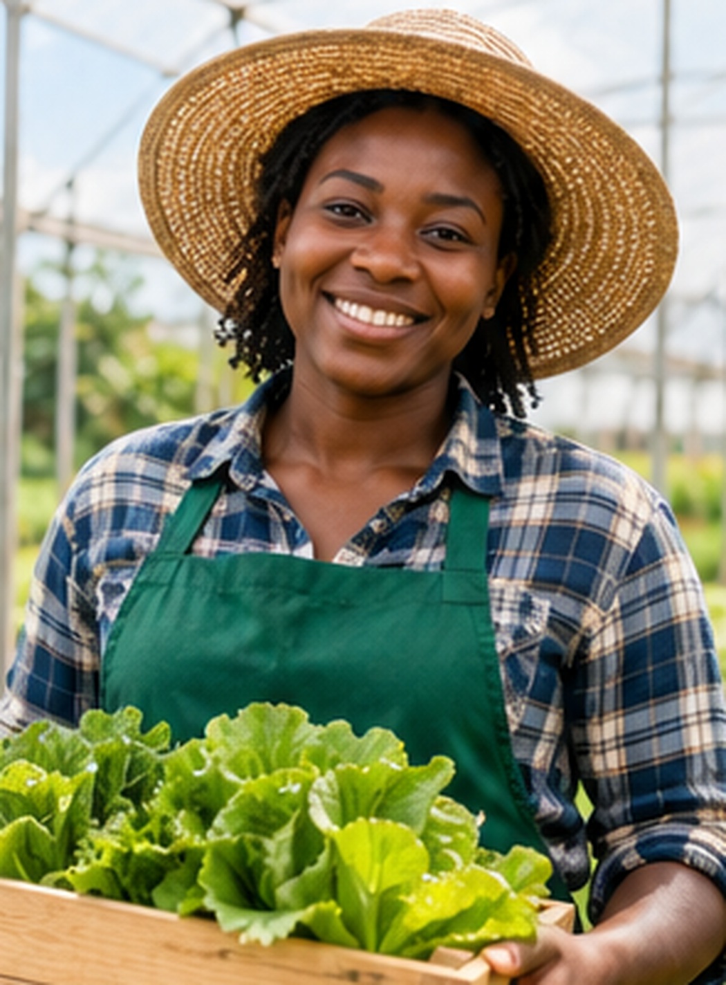 Greenhouse farmer holding fresh produce